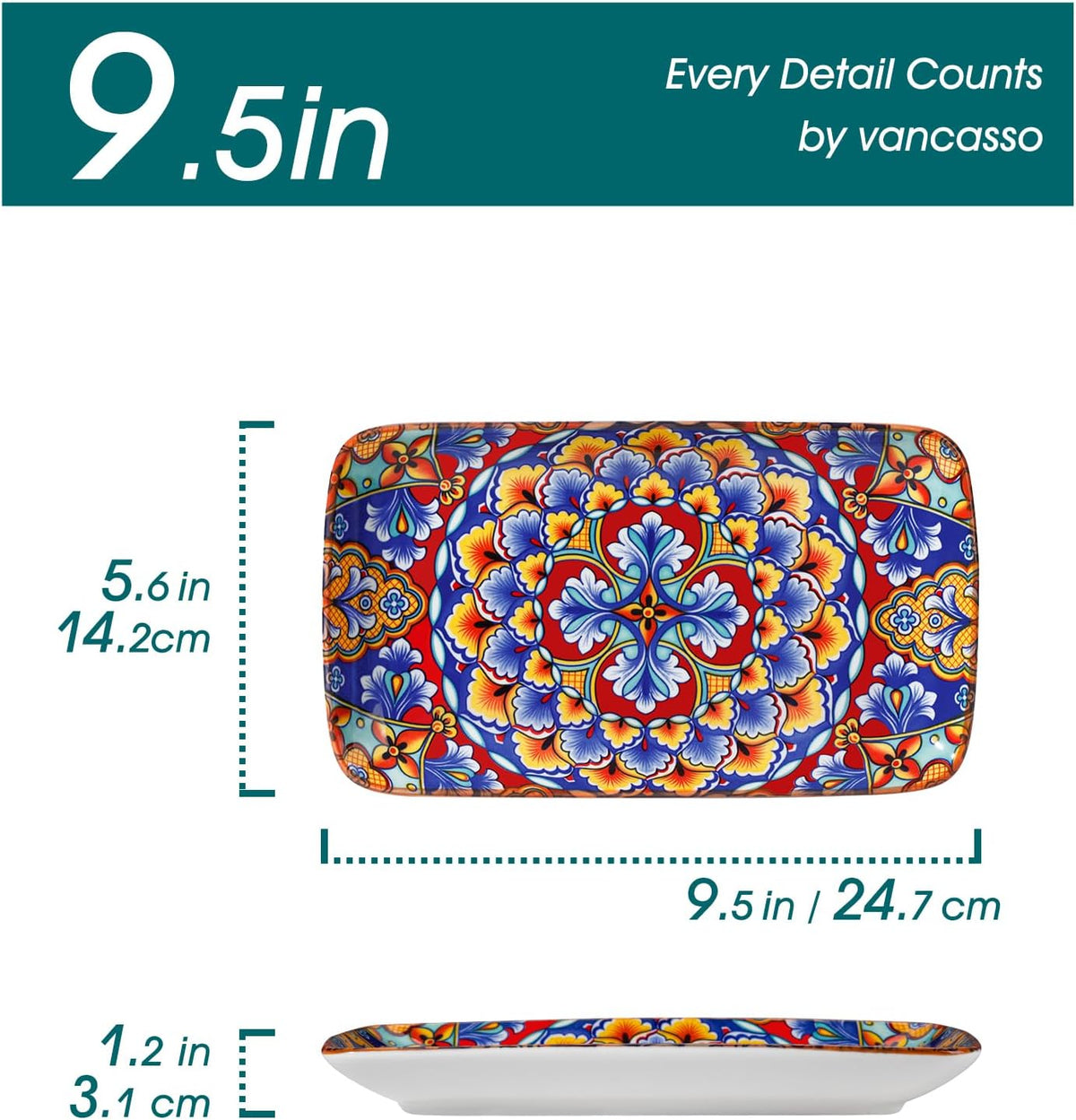 vancasso Simi 9.5 Inch Rectangular Dinner Plates Set of 6 - Bohemian Floral Design in 6 Vibrant Colors, Microwave & Dishwasher Safe Porcelain Plates for Salad, Appetizers, Entertaining