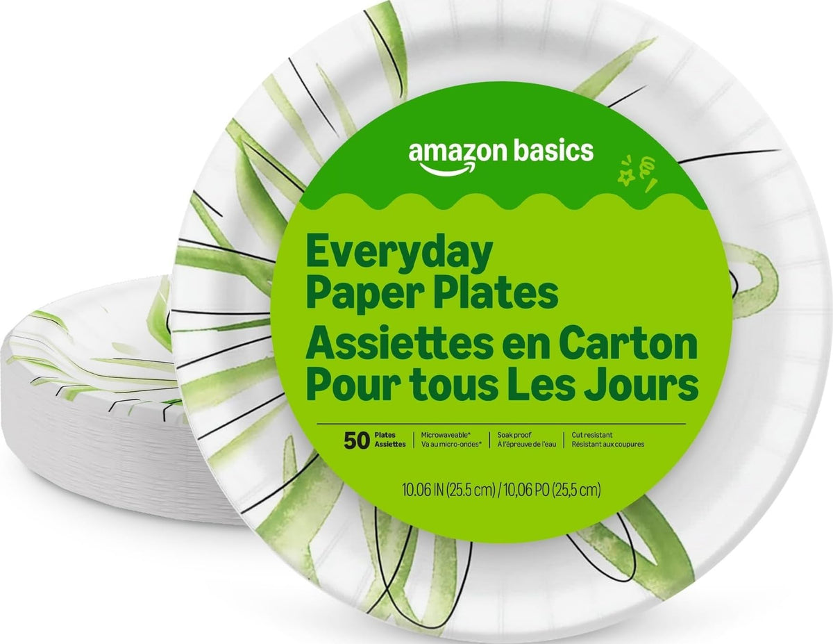 Amazon Basics Everyday Paper Plates, 10 Inch, Disposable, 150 Count, Packaging May Vary