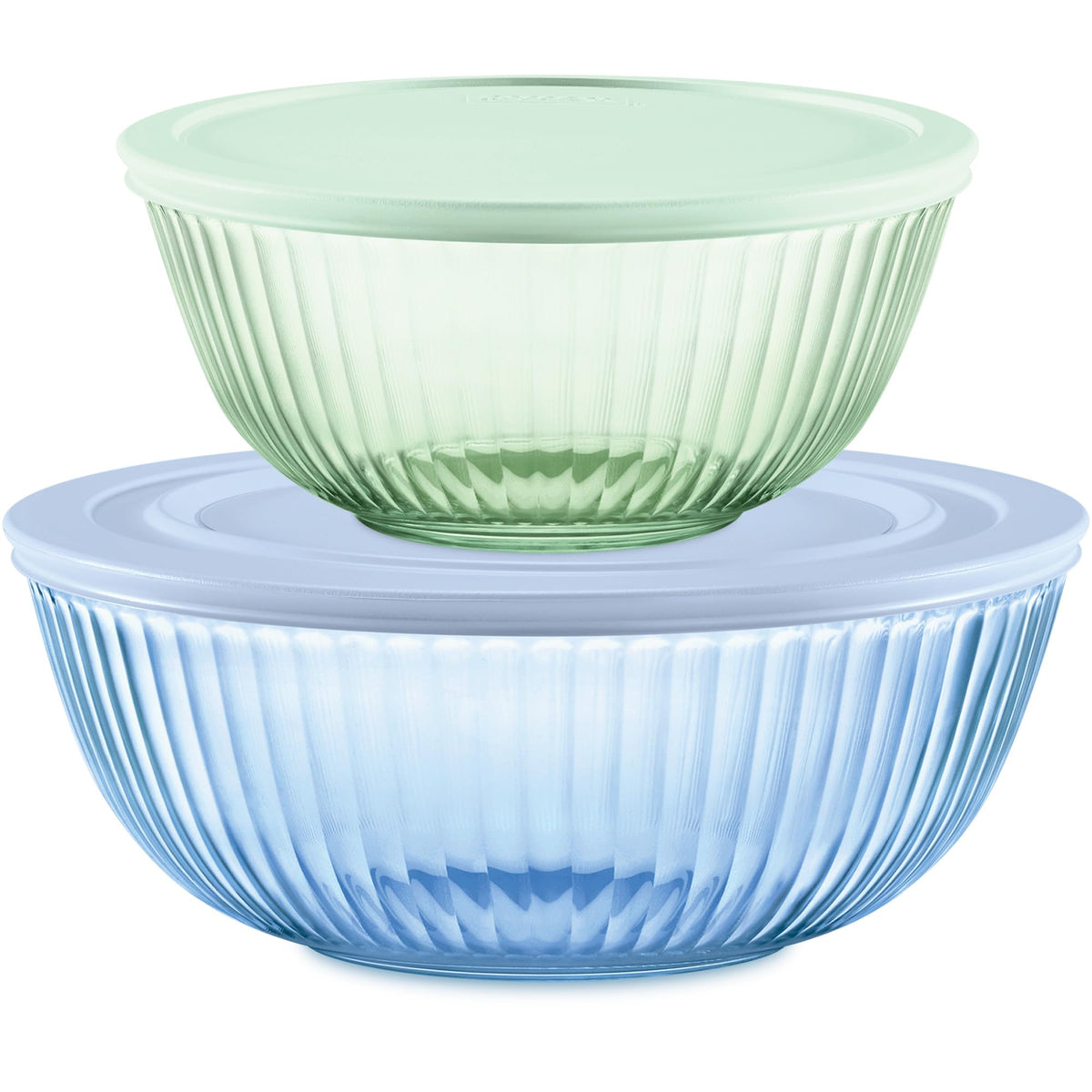 Pyrex Colors Tinted (3-Pack, Full Set) Sculpted Tinted Glass Mixing Bowls | 1.3, 2.3 & 4.5 QT nesting set of bowls with plastic lids for prepping & baking, dishwasher safe
