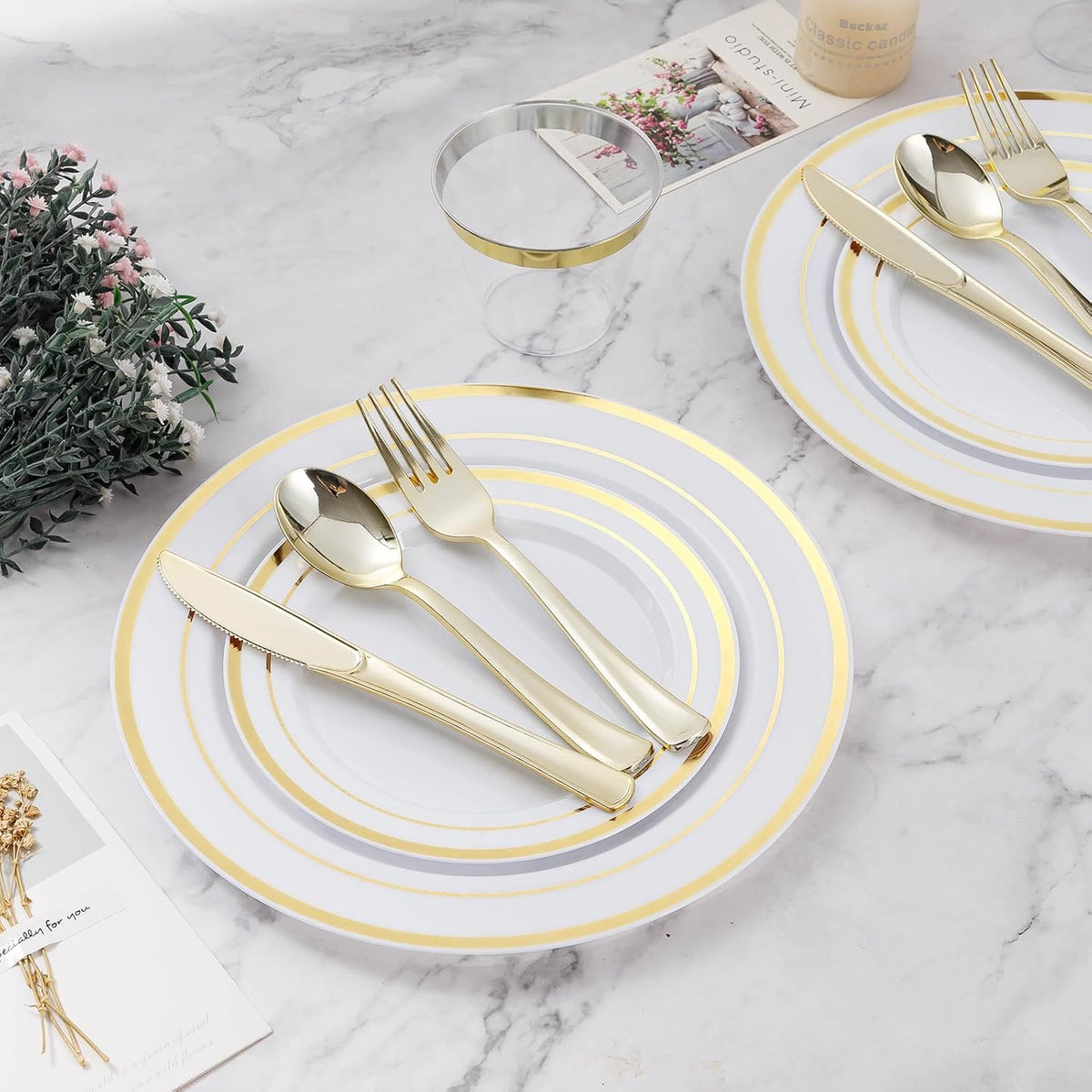 BESTVIP 600PCS Gold Dinnerware Set for 100 Guests, | for Party, 100 Gold Disposable Plates, 100 Dessert Plates, 100 Cups, 100 Spoons, 100 Forks and 100 Knives