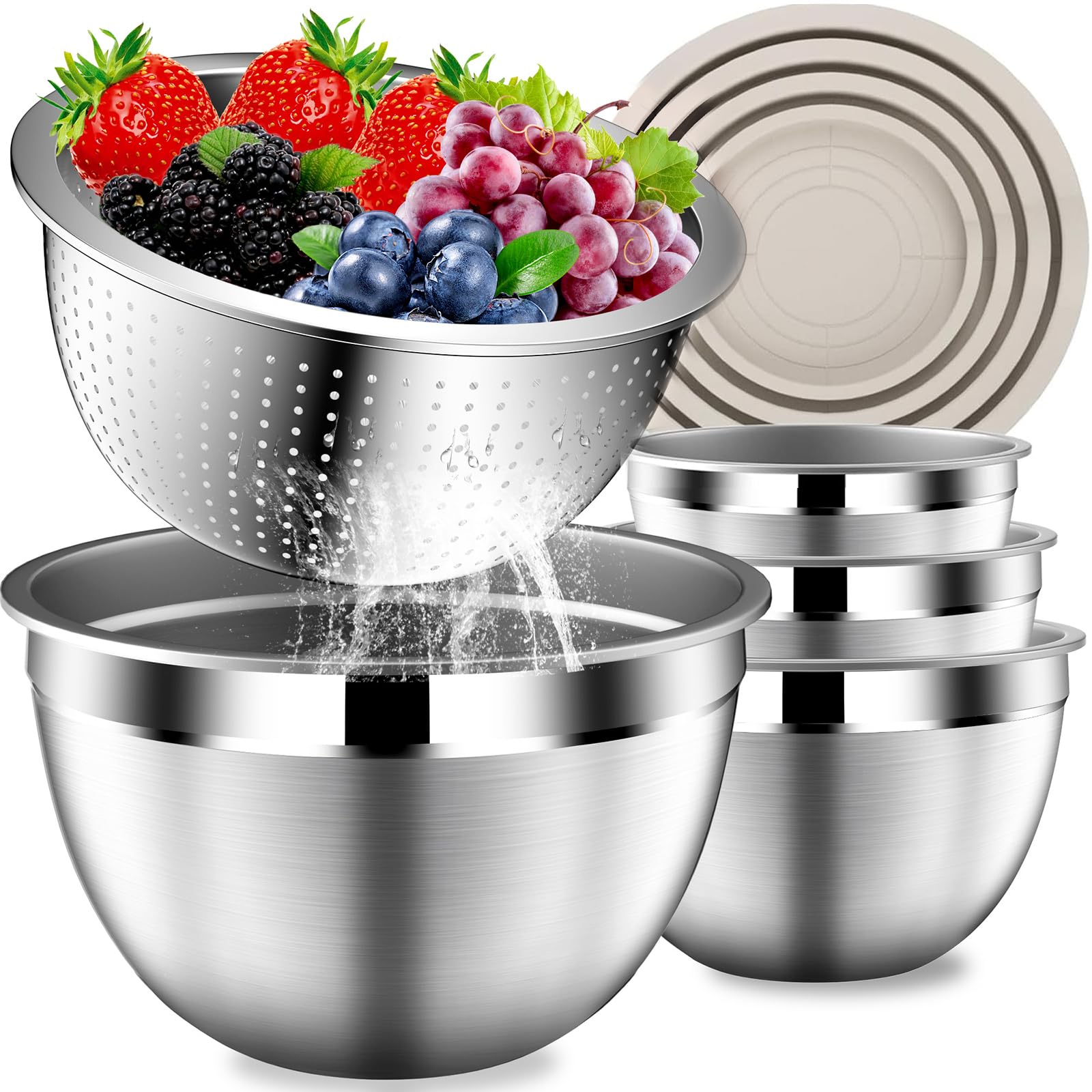 DUTZUN Mixing Bowls with Lids Set, Stainless Steel Mixing Bowls with Colander, Strainer with Mixing Bowl Set, Serving Bowl Kitchen Gift, Size 4.5, 2.5, 2, 1.5QT - Black