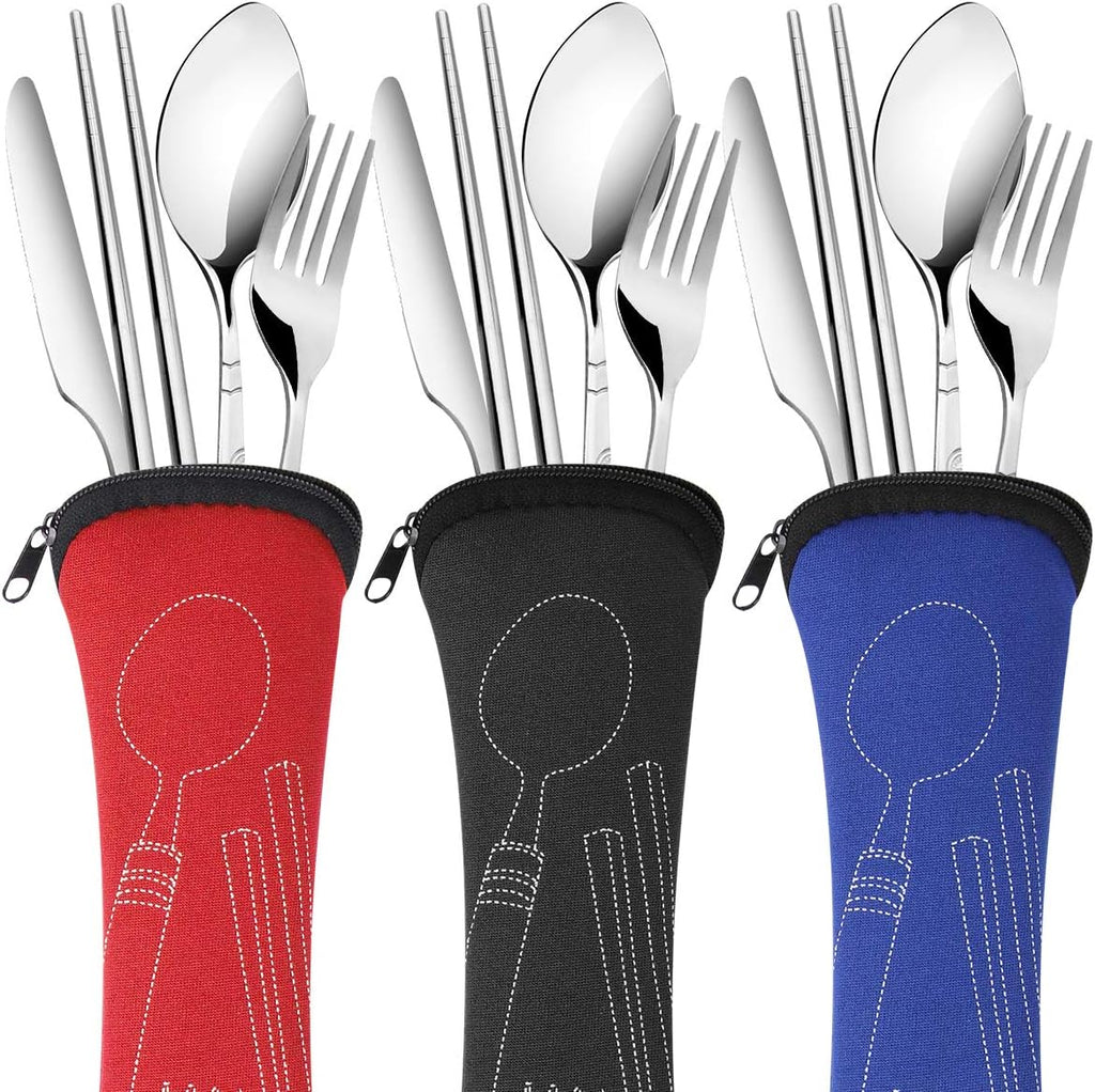 Arroyner 3 Pack Reusable Flatware Sets Knife, Fork, Spoon, Chopsticks, 12Pcs Portable Travel Stainless Steel Tableware Dinnerware with Carrying Case