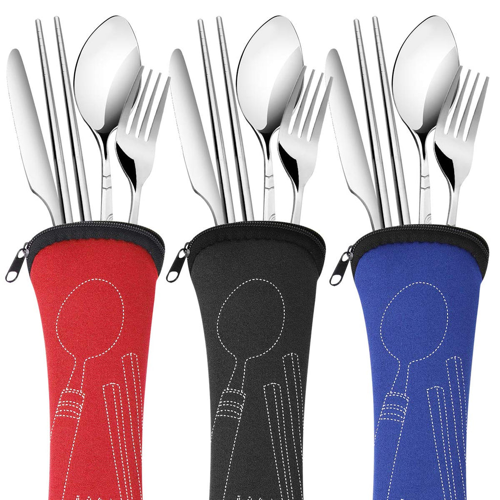 Arroyner 3 Pack Reusable Flatware Sets Knife, Fork, Spoon, Chopsticks, 12Pcs Portable Travel Stainless Steel Tableware Dinnerware with Carrying Case