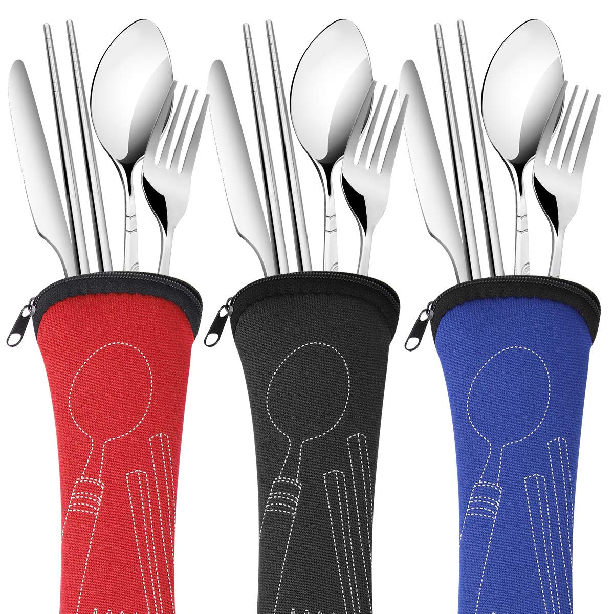 Arroyner 3 Pack Reusable Flatware Sets Knife, Fork, Spoon, Chopsticks, 12Pcs Portable Travel Stainless Steel Tableware Dinnerware with Carrying Case