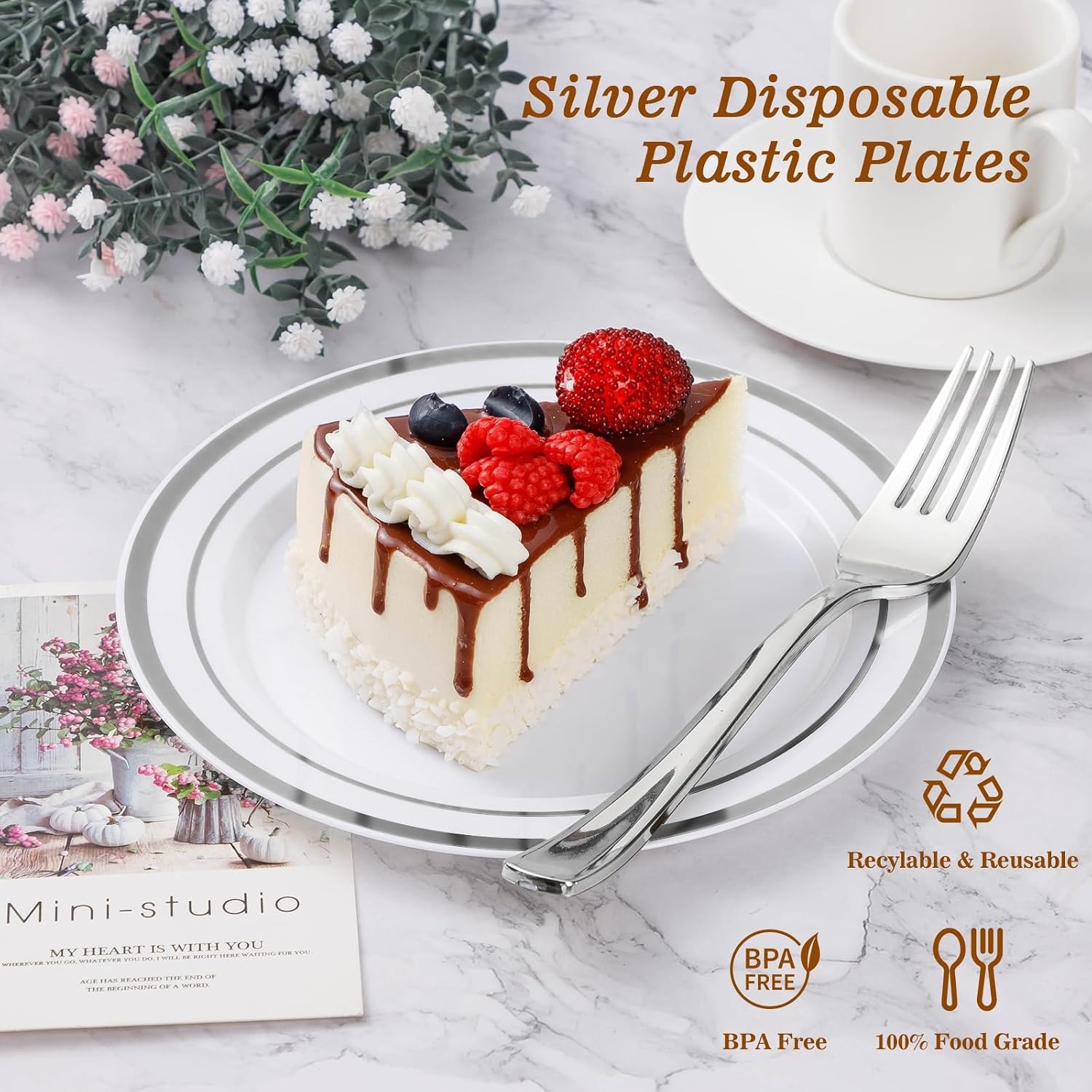 BESTVIP 100Pcs Silver Plastic Plates, 10.25 Inch Disposable Party Plates | Heavy Duty Dinner Dish with Rim for Christmas, Thanksgiving, Wedding, Birthday & Special Events