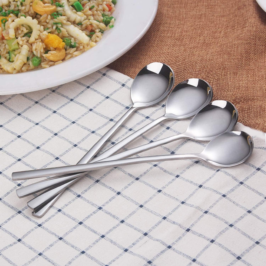 IQCWOOD Spoons, 8 Pcs Korean Spoon, 8.5 Inch Stainless Steel Soup Spoons | Korean Soup Spoons with Long Handle, Smooth Edges & Mirror Finish, Flatware Set for Everyday Home, Kitchen, or Restaurant Use
