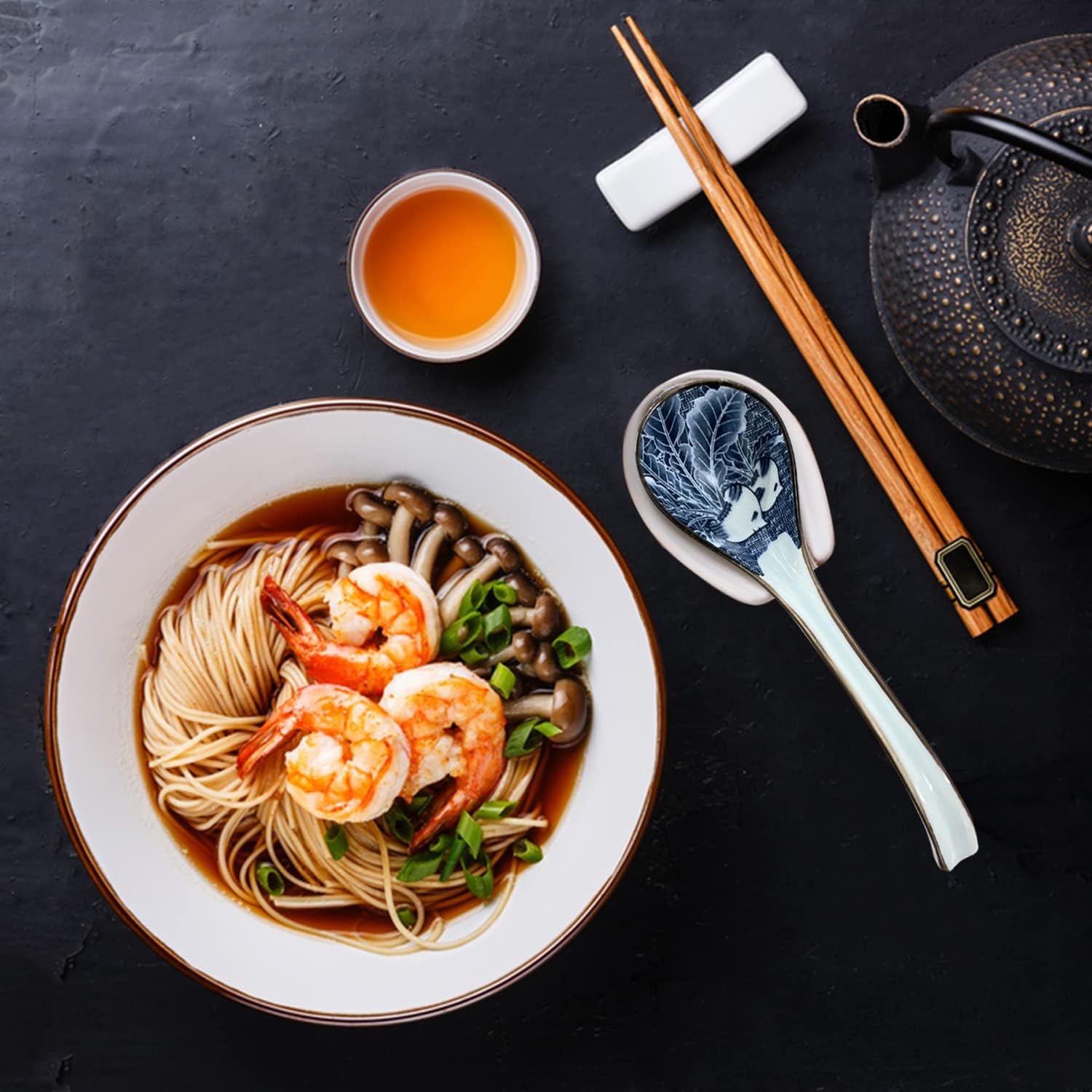 Asian Ceramic Soup Spoon, with Long Handle Easy to Hold, Non-slip Bottom, for Japanese Ramen, Chinese and Vietnamese Wonton, Noodle Soup Spoons (V86)