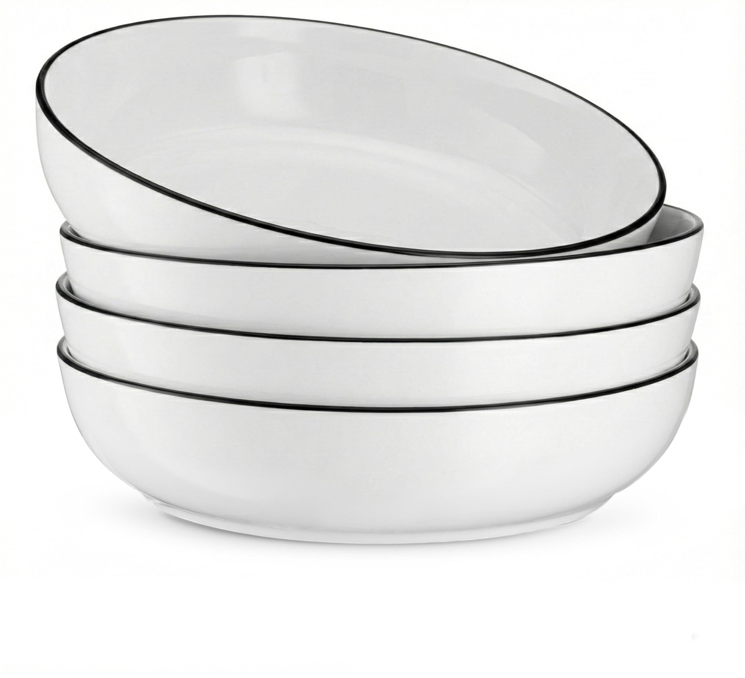 KooK Pasta Bowl, Salad Bowls, Bowls, Serving Bowls, Soup, Ceramic, Large Capacity, Microwave & Dishwasher Safe, Set of 4, 40 Oz, (White)