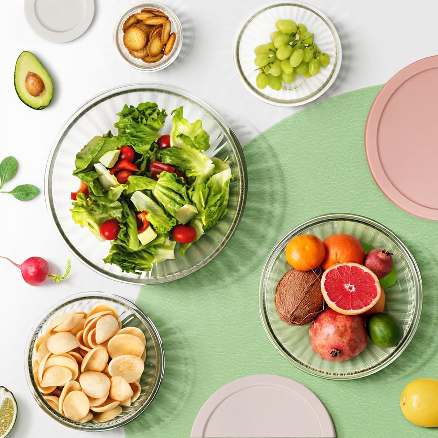 Glass Mixing Bowls with Lids Sets, 5 PCS Serving Bowls for Party or Kitchen | For Baking, Meal Prepping and Salad, Bpa Free and Dishwasher and microwave Safe Serving Bowls, 0.2/0.5/1.1/2.1/3.7Qt