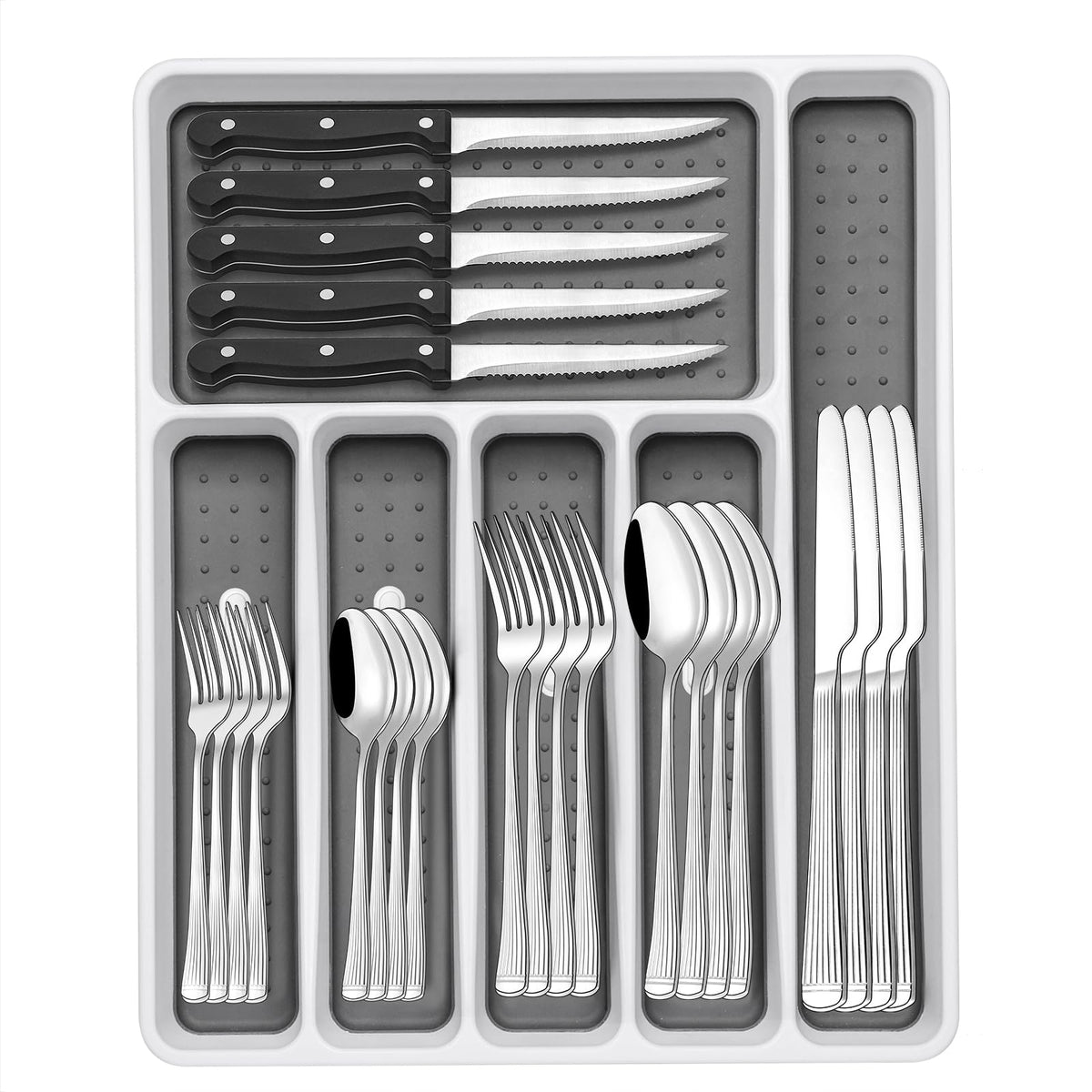 49-Piece Black Silverware Set with Organizer, Food-Grade Stainless Steel Black Flatware for 8, Cutlery Utensil Sets with Steak Knives, Rust-proof, Mirror Polished, Dishwasher Safe, Tree Pattern