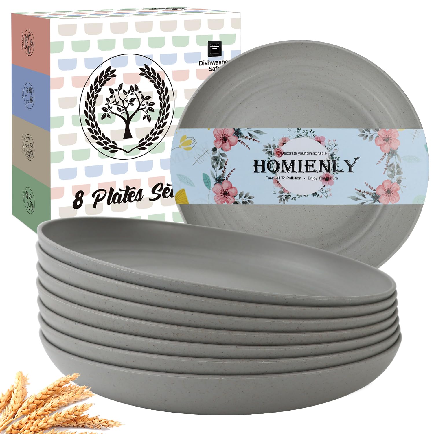 Deep Dinner Plates Set of 8 Alternative for Plastic Plates Microwave and Dishwasher Safe Wheat Straw Plates for Kitchen Unbreakable Kids Plate Set with 4 Colors (Classic Bright, 9 inch)