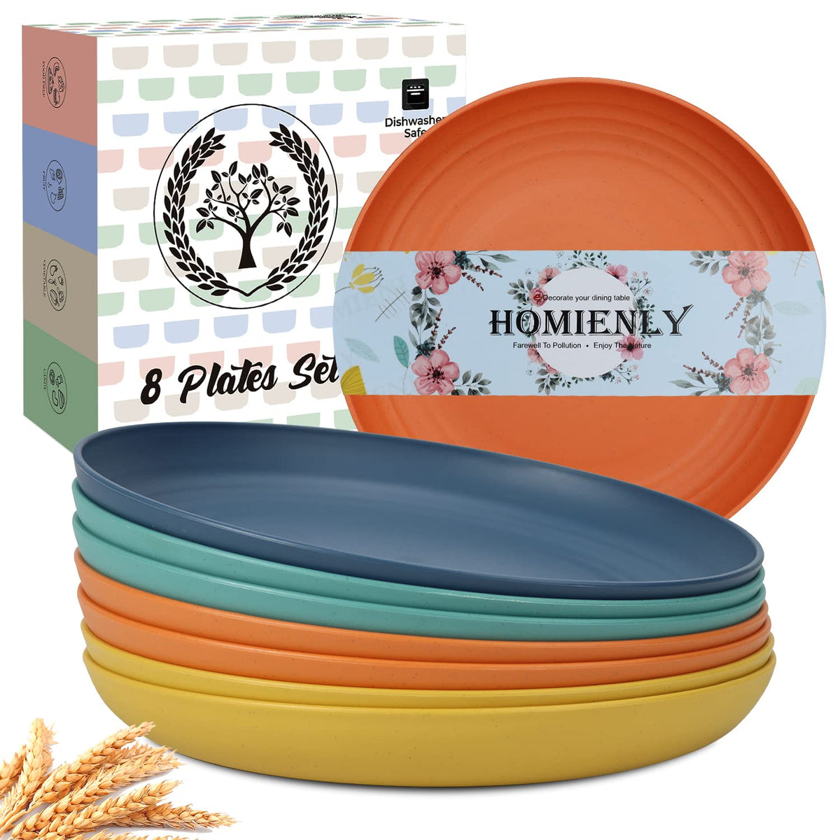 Deep Dinner Plates Set of 8 Alternative for Plastic Plates Microwave and Dishwasher Safe Wheat Straw Plates for Kitchen Unbreakable Kids Plate Set with 4 Colors (Classic Bright, 9 inch)
