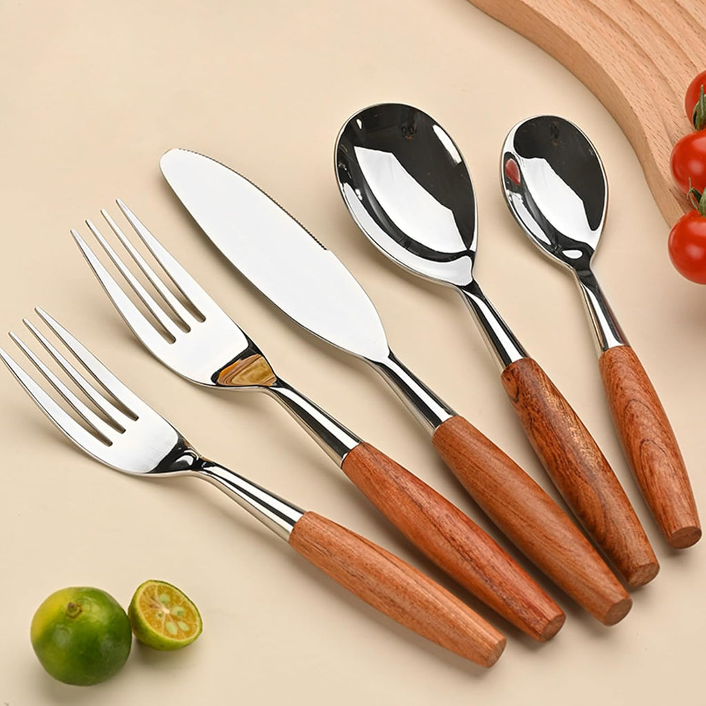 Wood Handle Silverware Sets for 6(30 Piece) Cutlery Set Utensils Sets Flatware Unique Modern 18 8 Stainless Steel Dinnerware Tableware Include Knives/Forks/Spoons Dishwasher Safe Polished