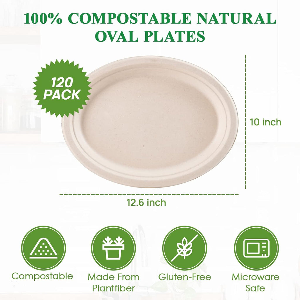 Vplus 100% Compostable Oval Paper Plates 12 inch 120 Pack, Nature | Super Strong, Disposable Paper Plates, Bagasse Natural Biodegradable, Sugarcane for BBQ, Party, Dinner, and Picnic