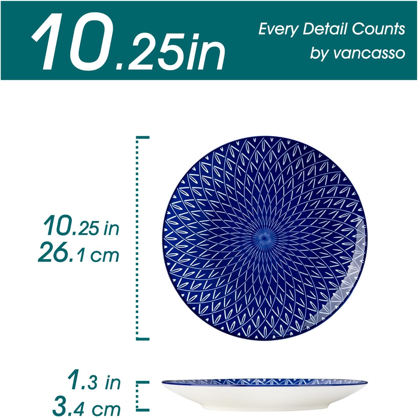 vancasso 10.25" Blue Dinner Plates Set of 6, Porcelain Vintage | Microwave, Oven, Dishwasher Safe, For Dinner, Pasta, Salad, and Dessert, Vintage Blue and White Floral, Stackable