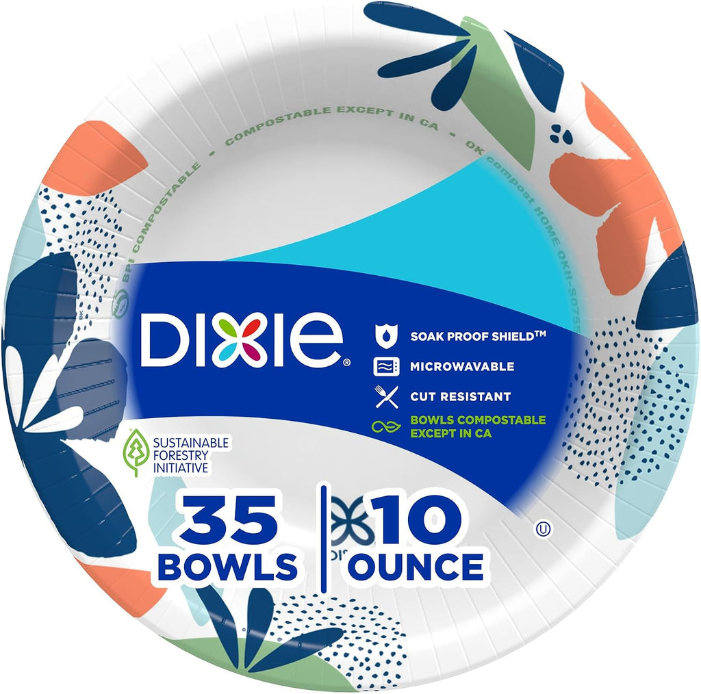 Dixie Disposable Paper Bowls 10oz, 35 CT | Microwave Safe and Cut-Resistant, Soak-Proof Shield Prevents Leaks, Kosher Certified, Compostable Except in California.