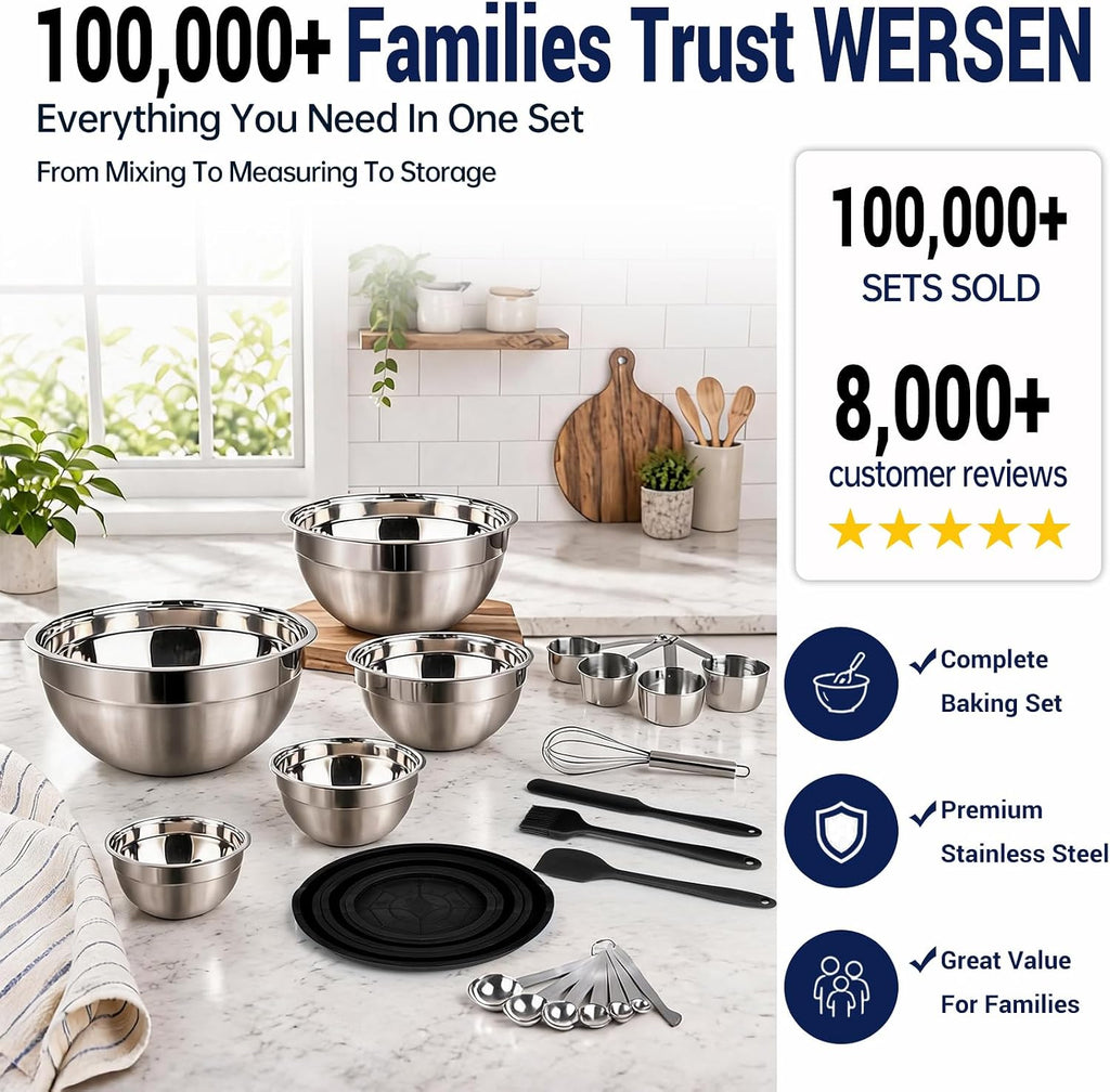 WEPSEN Mixing Bowls Set, 25PCS Stainless Steel Mixing Bowl with Lid Set, Large Nesting Bowls 7, 4.5, 3,2, 1.5QT, Measuring Cups and Spoons Baking Utensils Metal Bowl for Kitchen Prep