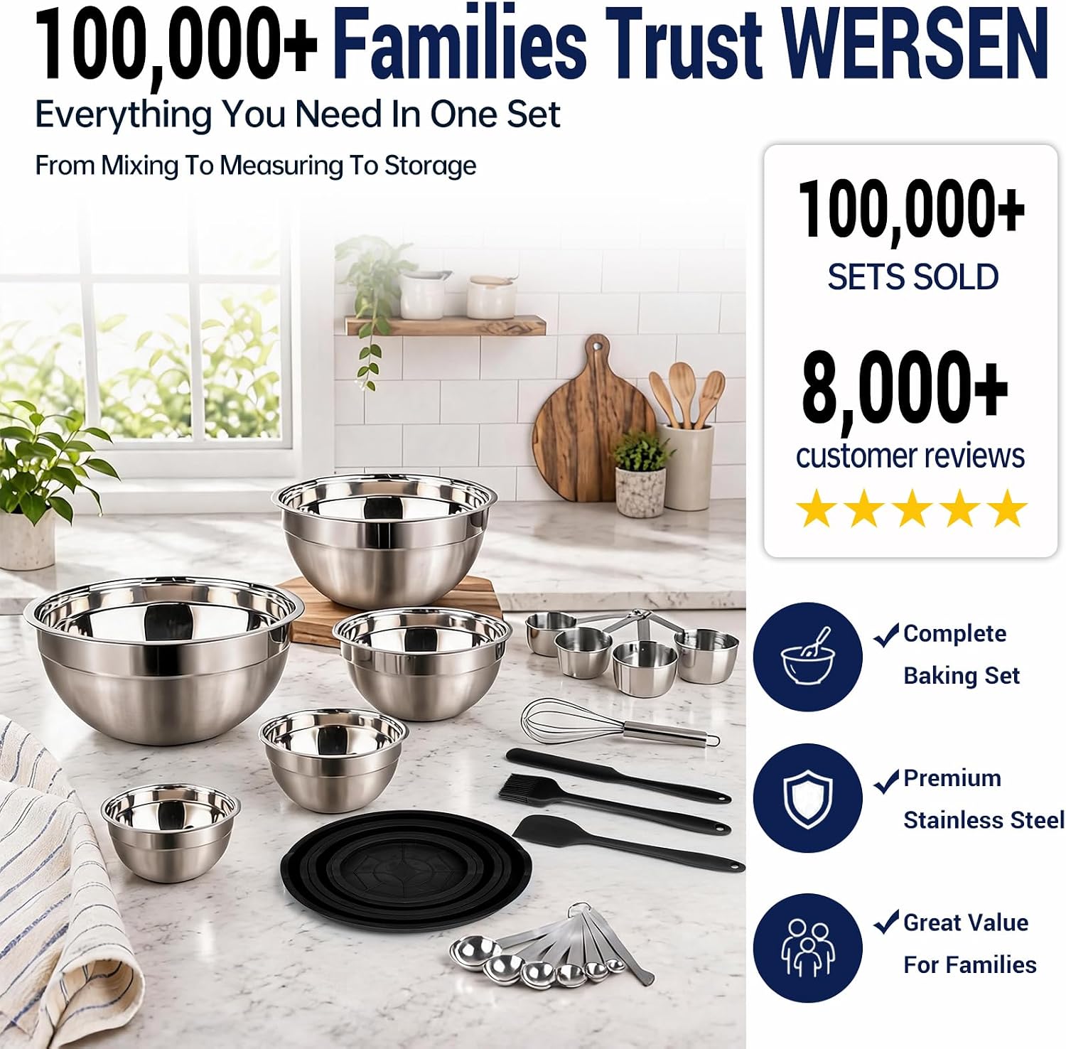 WEPSEN Mixing Bowls Set, 25PCS Stainless Steel Mixing Bowl with Lid Set, Large Nesting Bowls 7, 4.5, 3,2, 1.5QT, Measuring Cups and Spoons Baking Utensils Metal Bowl for Kitchen Prep