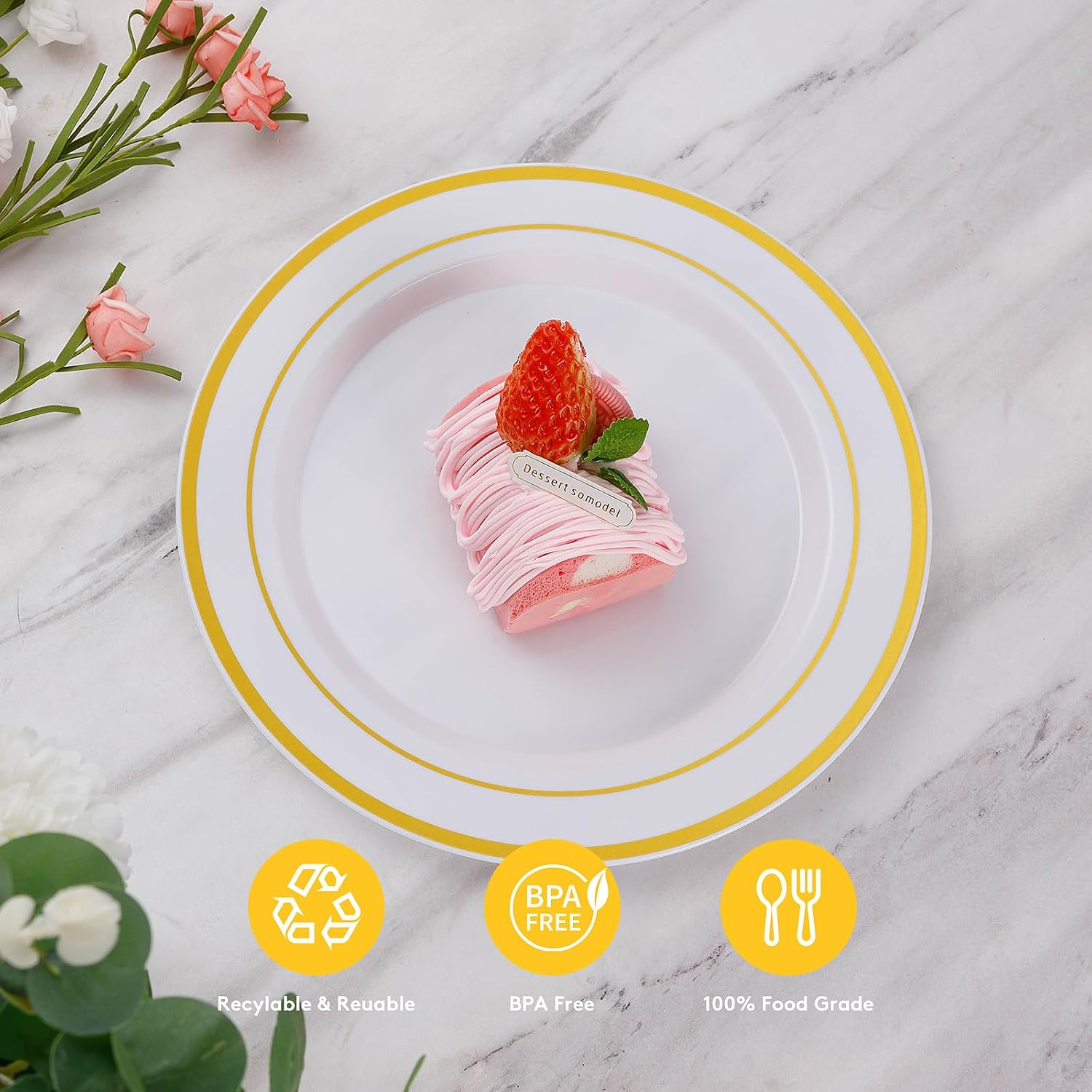 200PCS Gold Plastic Plates, Heavy Duty Disposable Gold Plates | 100 10.25 inch Dinner Plates and 100 7.5 inch Dessert Plates for Party, Holiday, Wedding, Thanksgiving