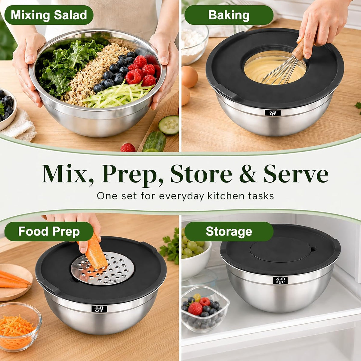 8PCS Mixing Bowls with Lids Set - 5 Nesting Mixing Bowls, 3 Grater Attachments, Lids, Stainless Steel Mixing Bowls for Mixing & Serving, Size 1.5/2.1/3.5/4/4.5 QT, Black