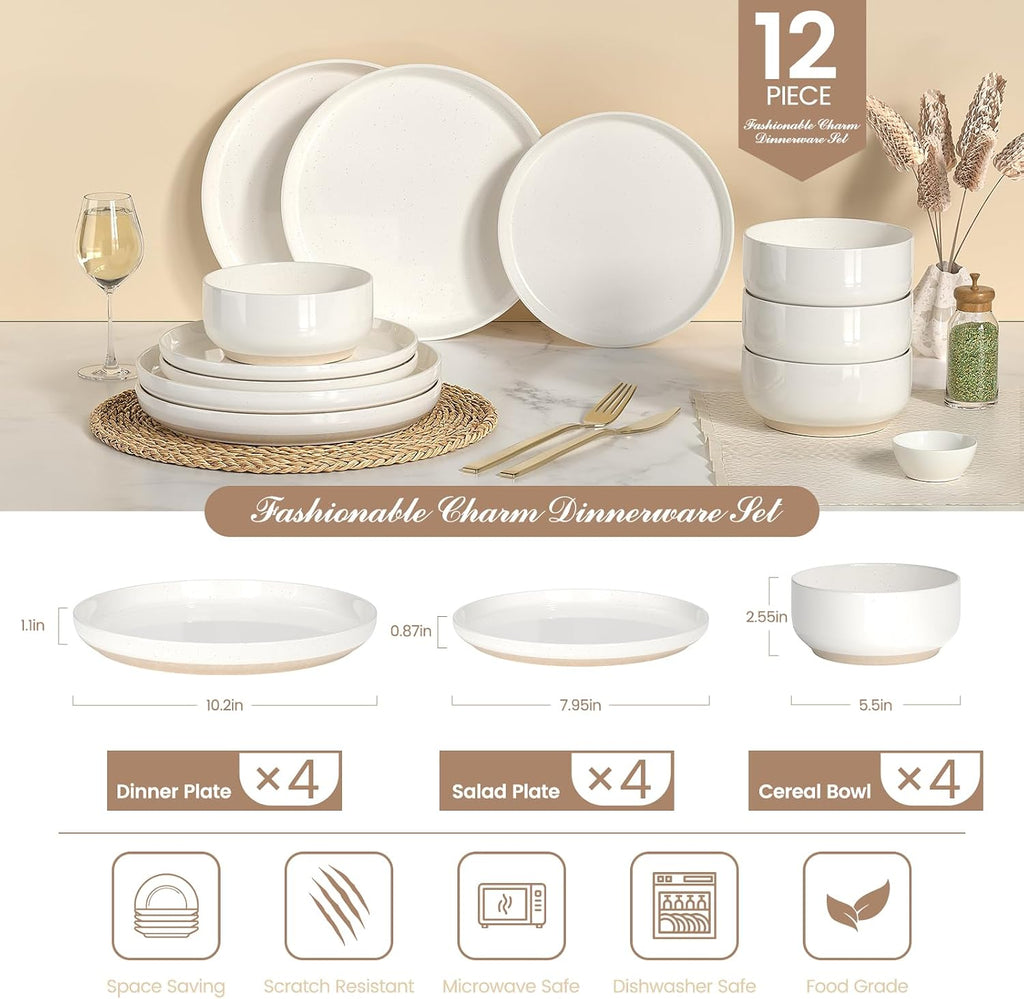 Plates and Bowls Sets, Dinnerware Sets for 4, 12 Pieces Scratch Resistant Dishware Dishes Set, Ceramic Kitchen Dinner Set, Porcelain & Microwave and Dishwasher Safe, Cream White