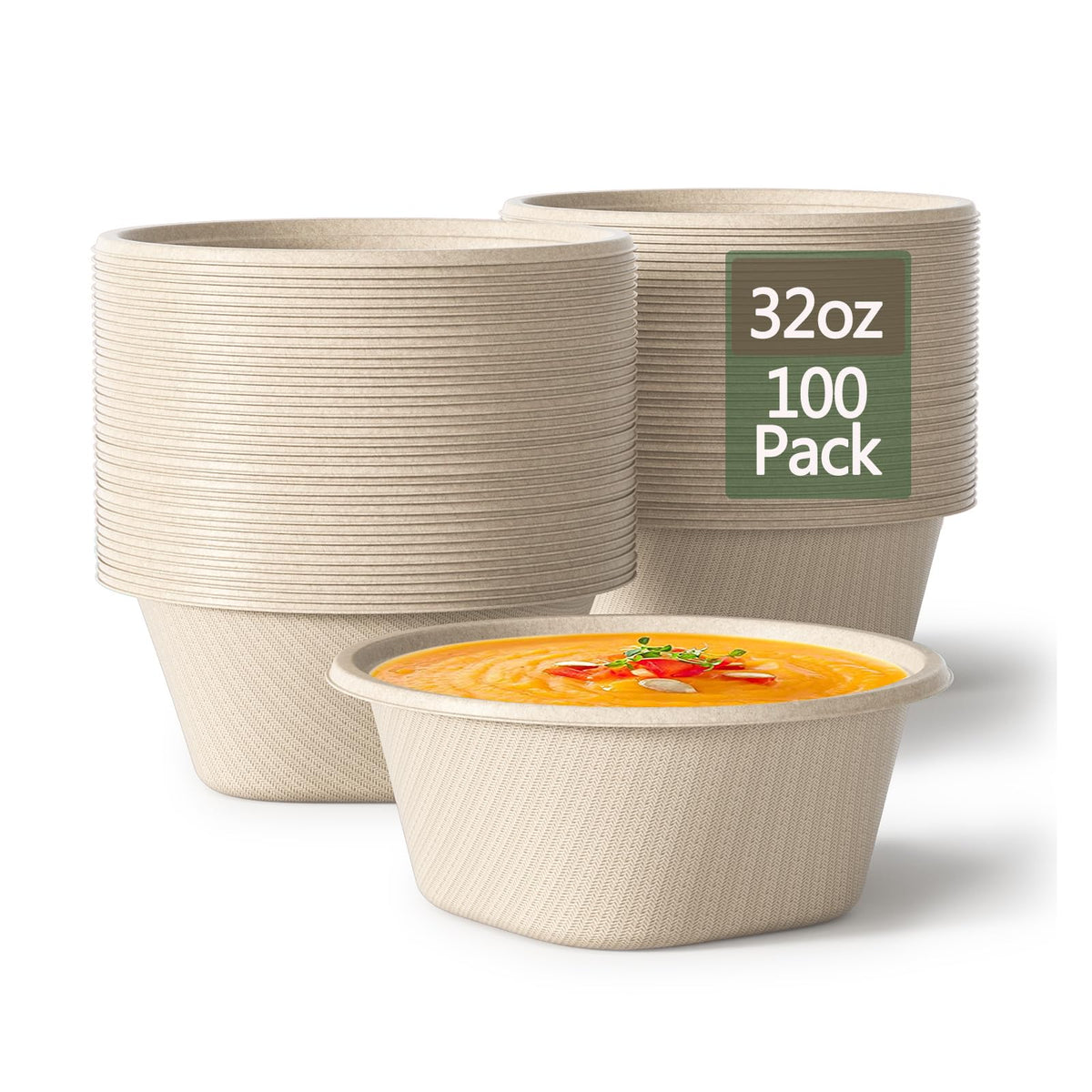 24 Oz Disposable Bowls, [100 Pack] Paper Bowls Disposable - Heavy Duty and Eco-friendly Sugarcane and Bamboo Bagasse Biodegradable Bowls for Cereal, Rice, French Fries - Convenient and Compostable