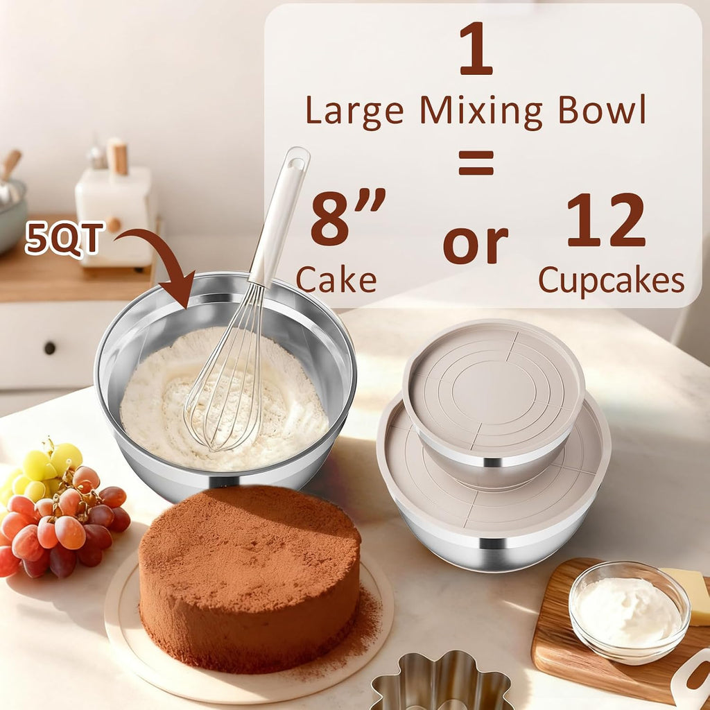 9 Pack Mixing Bowls with Airtight Lids & Grater Attachments, Khaki | Stainless Steel Bowl, Non-slip Bases, Nesting Kitchen Bowl, Size 5, 4, 3, 2, 1.5,1QT,for Food Prep, Baking, Storage & Serving