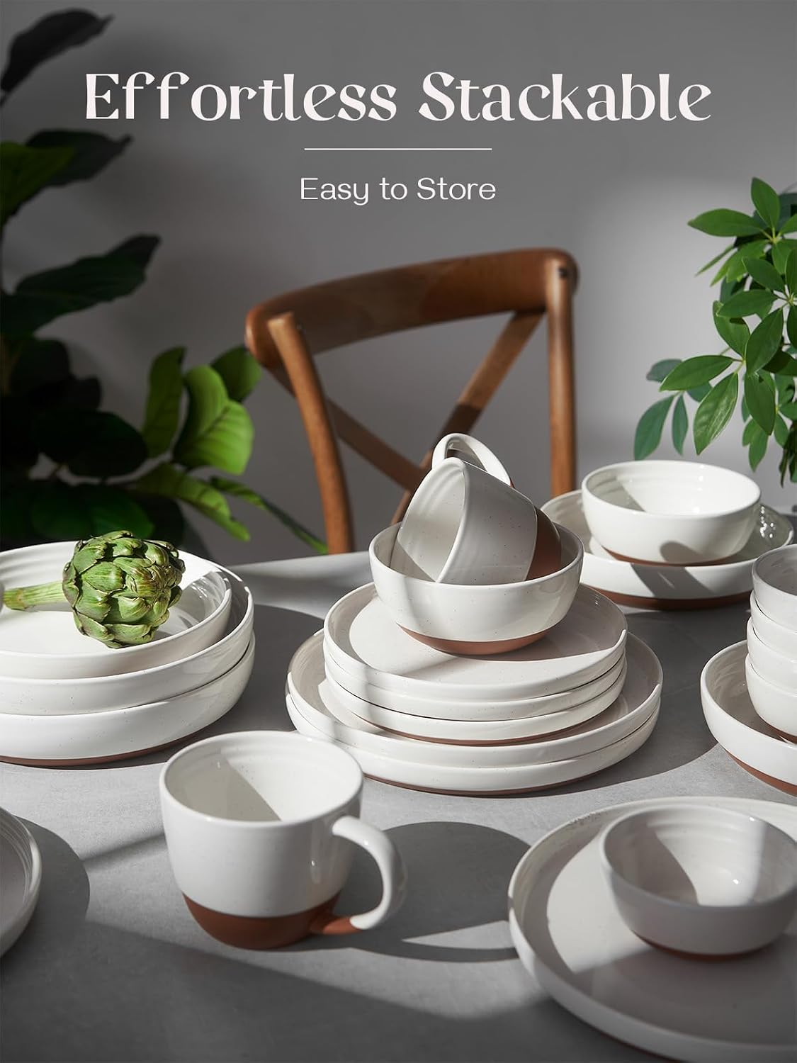 DOWAN 10.5" Large Dinner Plates Set of 6, High Edge Ceramic Plate - Microwave, Oven & Dishwasher Safe, Durable, Modern Dinnerware - Kitchen Porcelain Dish - Khaki White
