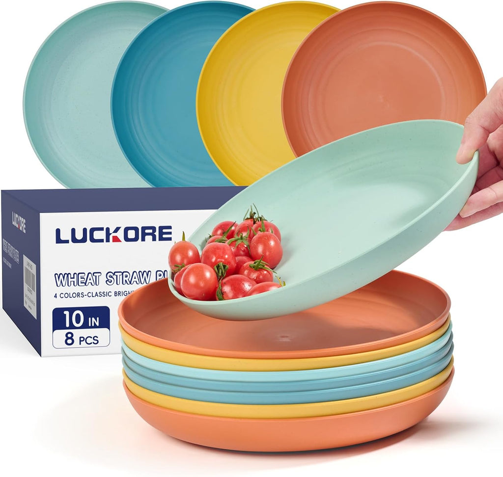 Luckore 10 Inch Wheat Straw Plates Deep Dinner Plates Set of 8 Unbreakable | Dinner Plates Dishes Alternative for Plastic Microwave and Dishwasher Safe for Kitchen with 4 Colors Classic Bright