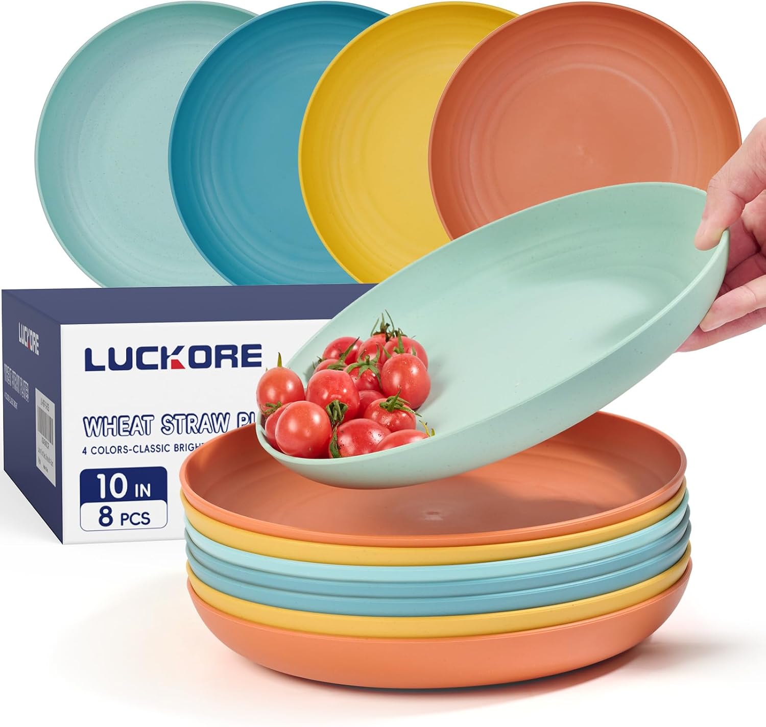 Luckore 10 Inch Wheat Straw Plates Deep Dinner Plates Set of 8 Unbreakable | Dinner Plates Dishes Alternative for Plastic Microwave and Dishwasher Safe for Kitchen with 4 Colors Classic Bright