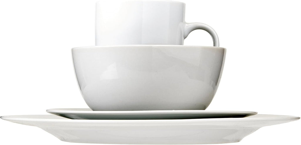 Amazon Basics 16-Piece Porcelain Dinnerware Set, Microwave and Dishwasher Safe, Service for 4, Plates, Bowls and Mugs, White