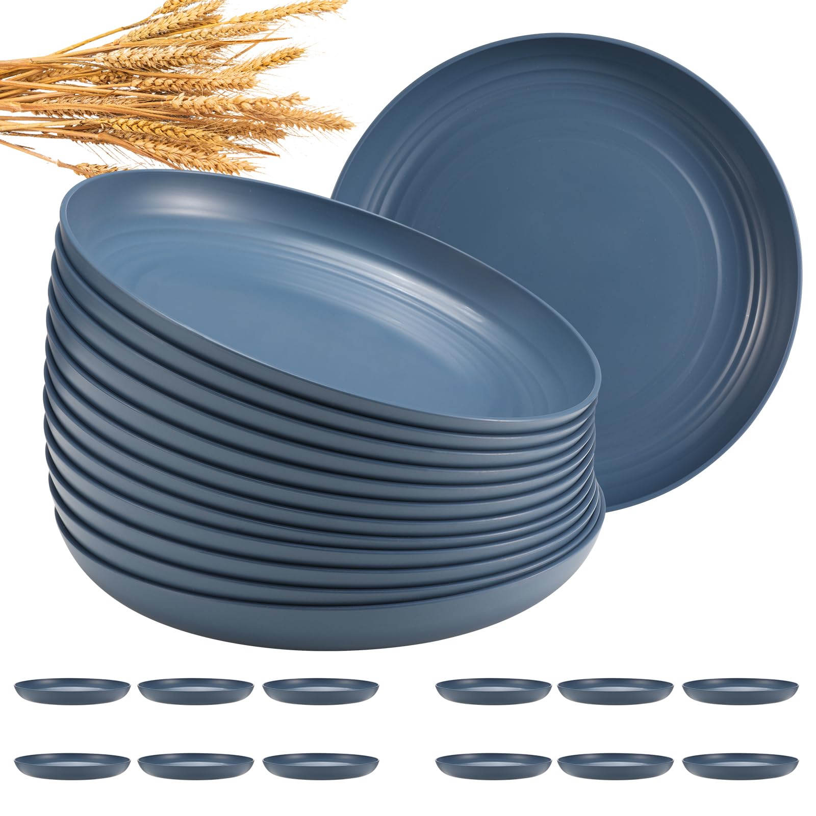 HEYCOME 12 Pcs Unbreakable Deep Dinner Plates Set, 10 inch Reusable Plastic Wheat Straw Plates, Microwave and Dishwasher Safe Plate for Kitchen, Lightweight Plate for Dessert, BPA Free, 6 Colors