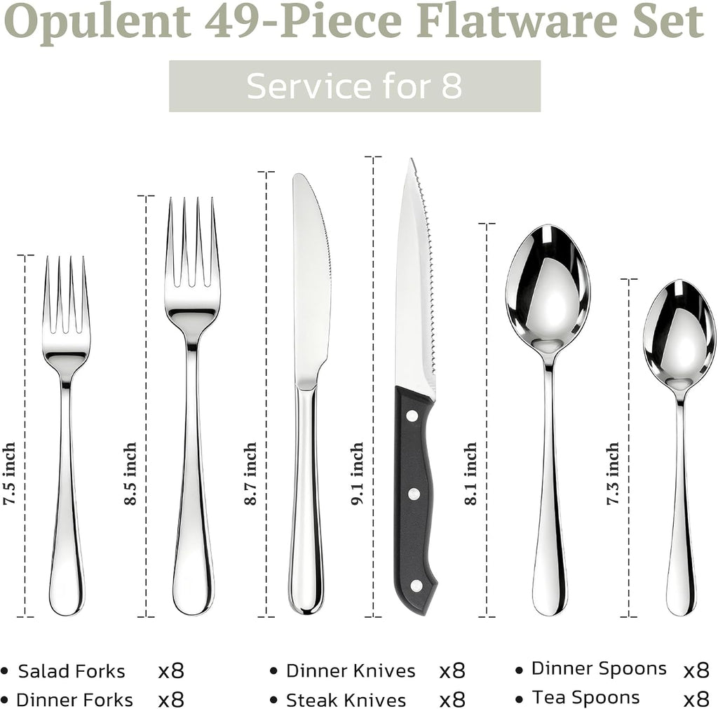 Astercook 49-Pieces Silverware Set with Steak Knives, Tableware Set for 8 - Great Food-Grade Stainless Steel Flatware Set, Mirror-Polished Dining Utensil Set Perfect for Home & Restaurant