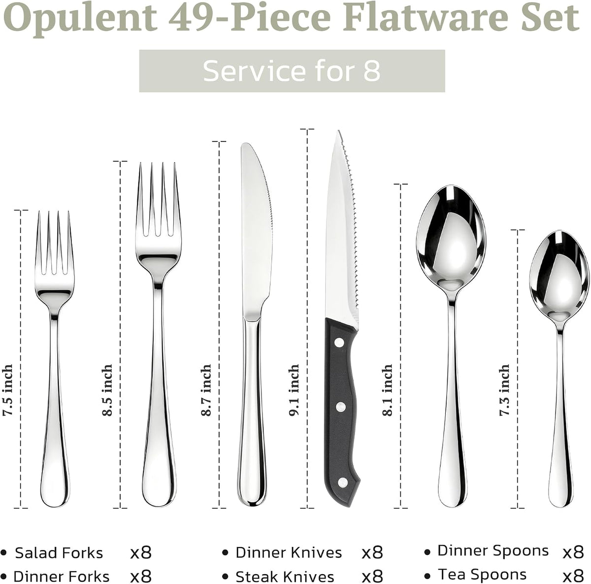 Astercook 49-Pieces Silverware Set with Steak Knives, Tableware Set for 8 - Great Food-Grade Stainless Steel Flatware Set, Mirror-Polished Dining Utensil Set Perfect for Home & Restaurant