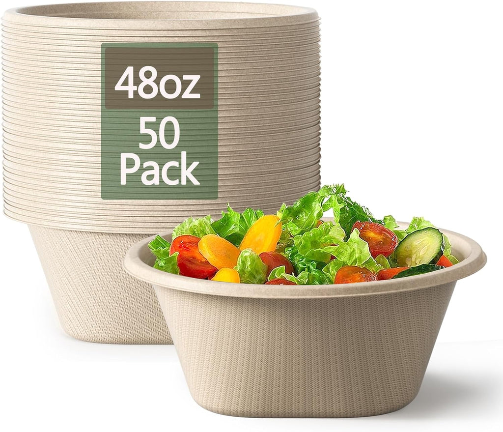 48 Oz Disposable Bowls - Heavy Duty and Compostable Bowl - Made from Sugarcane and Bamboo Fibers, Microwave Safe - Large Paper Bowl for Soup, Salad, Ramen, Popcorn, etc. [50 Pack]