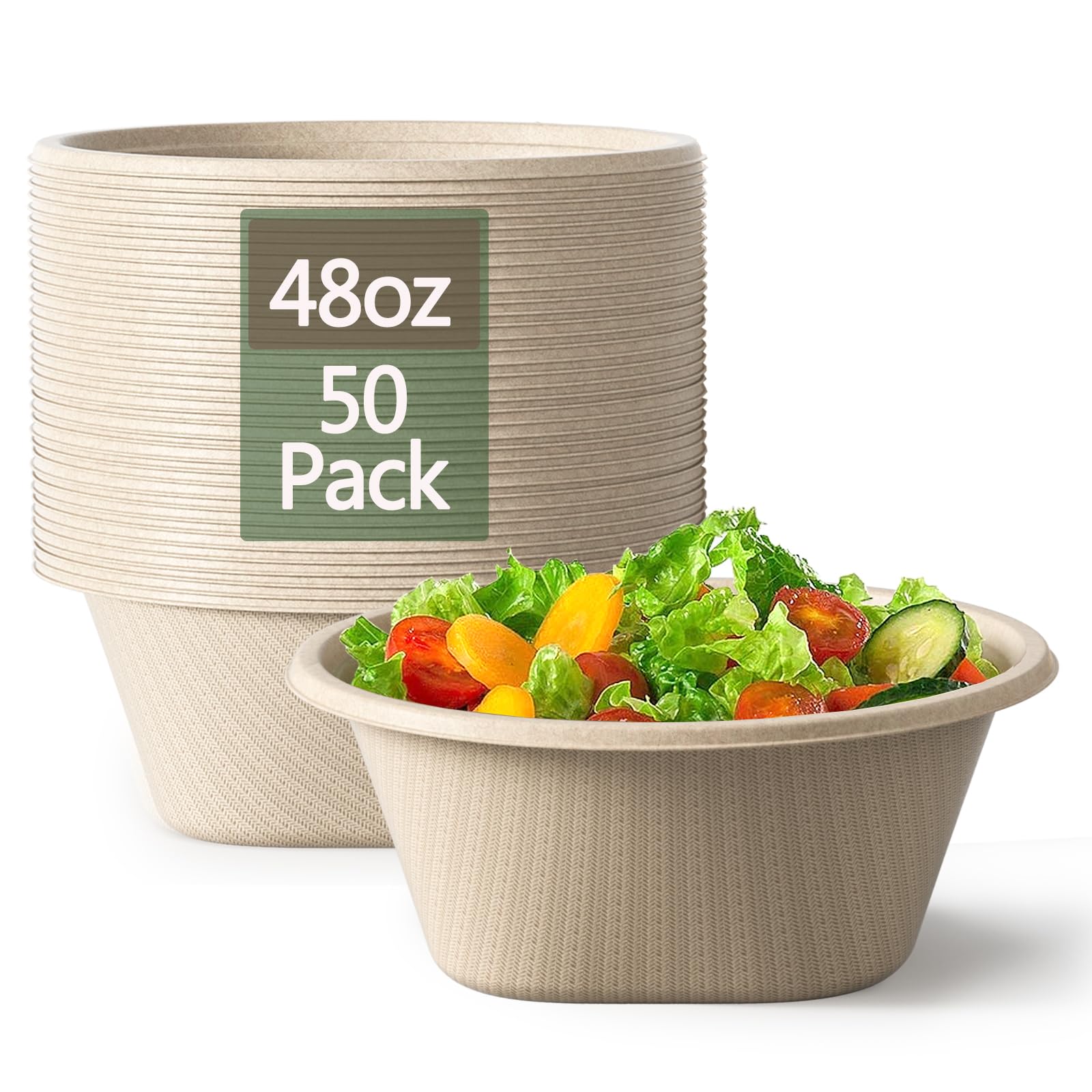 48 Oz Disposable Bowls - Heavy Duty and Compostable Bowl - Made from Sugarcane and Bamboo Fibers, Microwave Safe - Large Paper Bowl for Soup, Salad, Ramen, Popcorn, etc. [50 Pack]