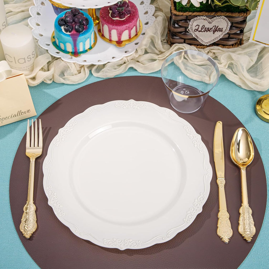 DaYammi 60PCS Ivory Plastic Plates, 10 inch Disposable Dinner Plates | Heavy Duty Ivory Disposable Plates Premium Dinner Plates Fancy Plastic Plates for Party, Wedding and Bridal Shower