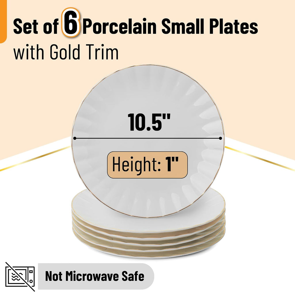 BTaT- Porcelain Dinner Plates with Gold Trim,10.5 inch, Set of 6, White Dinner Plates Bulk, White Plate Set