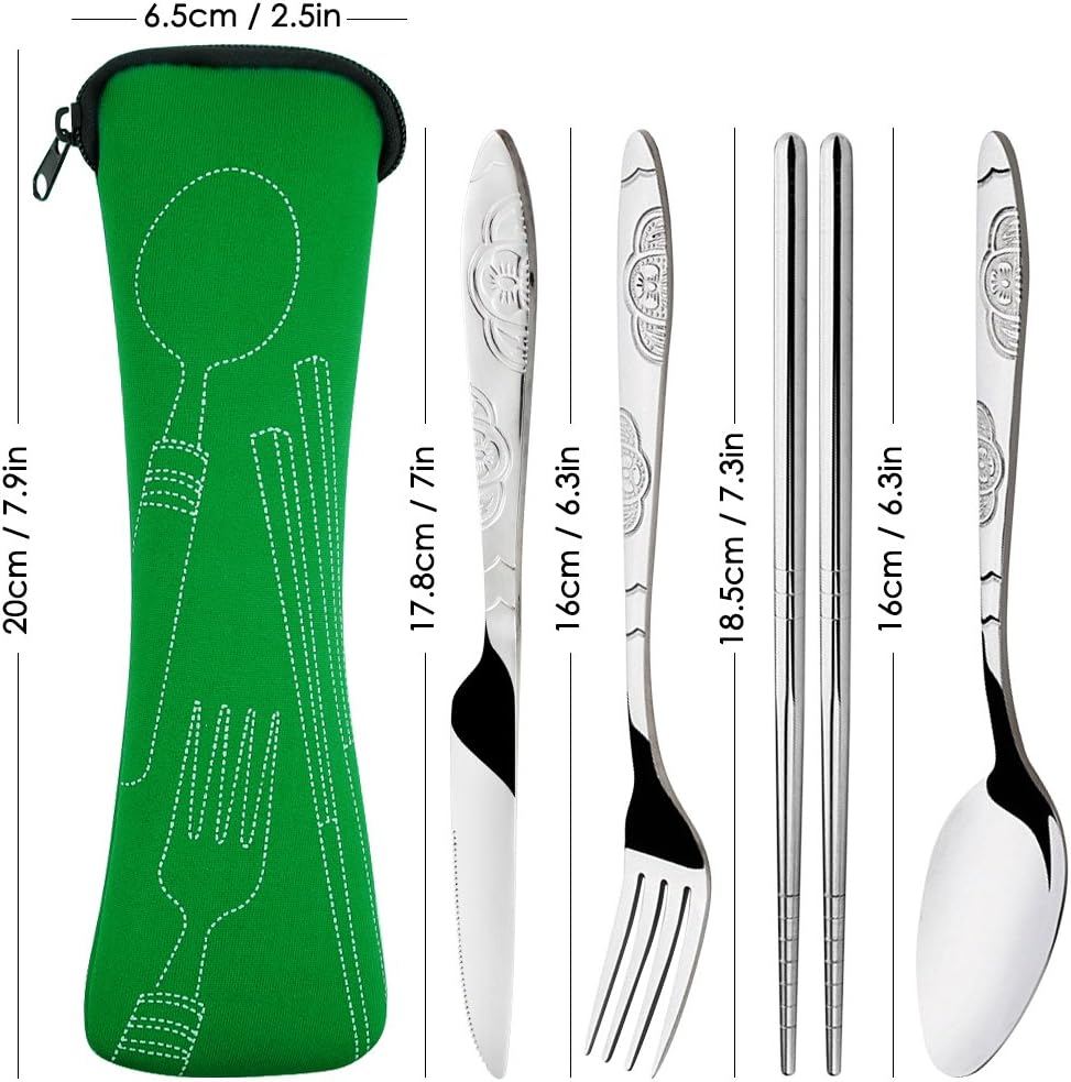 SENHAI 8 Pieces Flatware Sets Knife, Fork, Spoon, Chopsticks, 2 Pack Rustproof Stainless Steel Tableware Dinnerware with Carrying Case for Traveling Camping Picnic Working Hiking