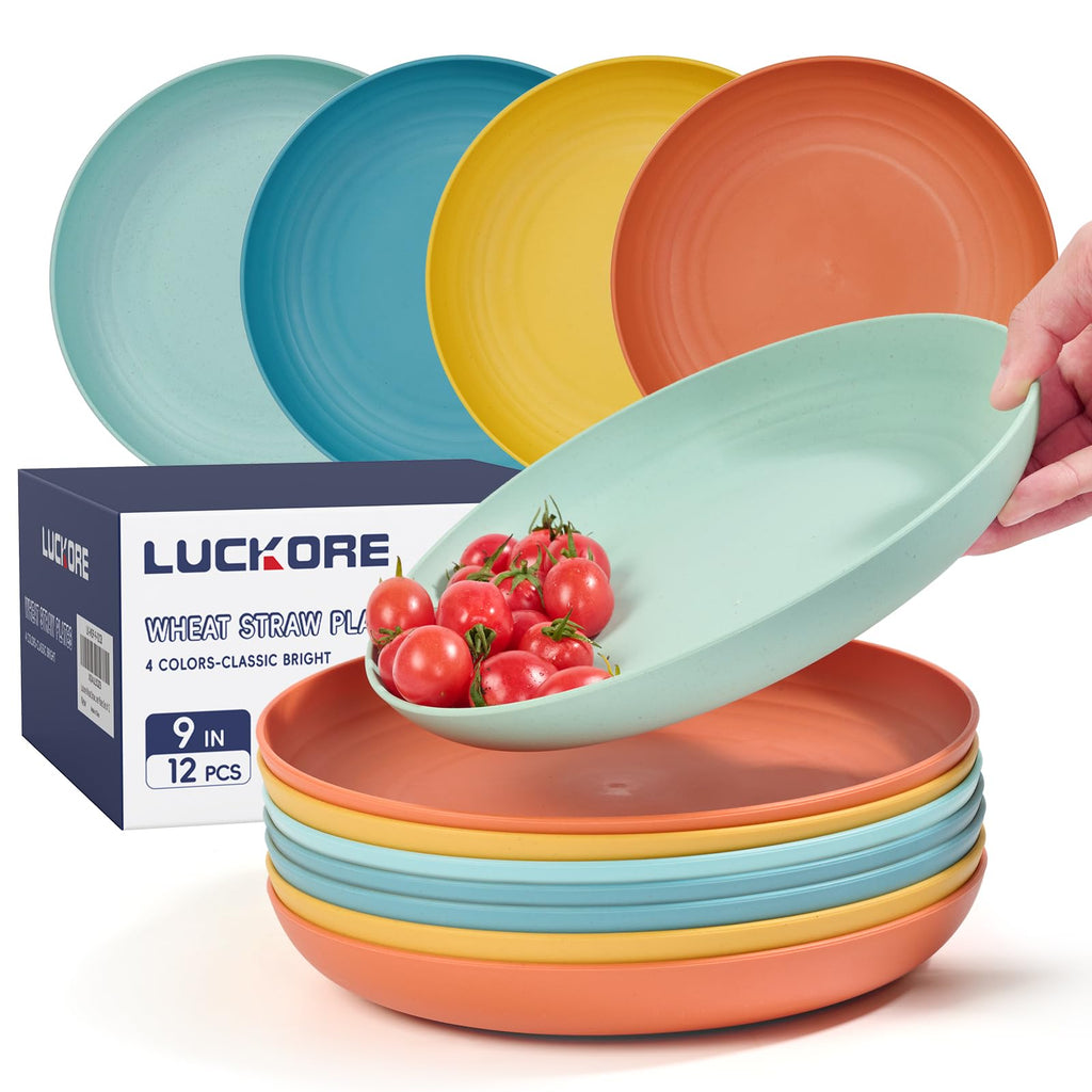 Luckore 10 Inch Wheat Straw Plates Deep Dinner Plates Set of 8 Unbreakable | Dinner Plates Dishes Alternative for Plastic Microwave and Dishwasher Safe for Kitchen with 4 Colors Classic Bright