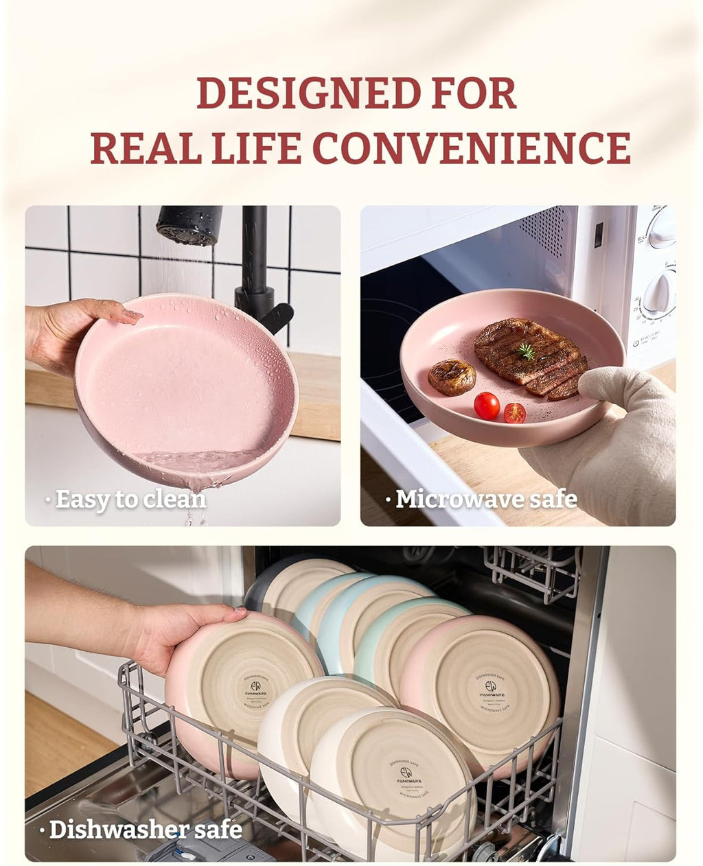 famiware Milkyway 33 oz Pasta Bowls Set of 4, Light Pink | Double Reactive Glaze, Scratch-Resistant Stoneware Salad Bowls, Stackable, Dishwasher & Microwave Safe, Lead-Free
