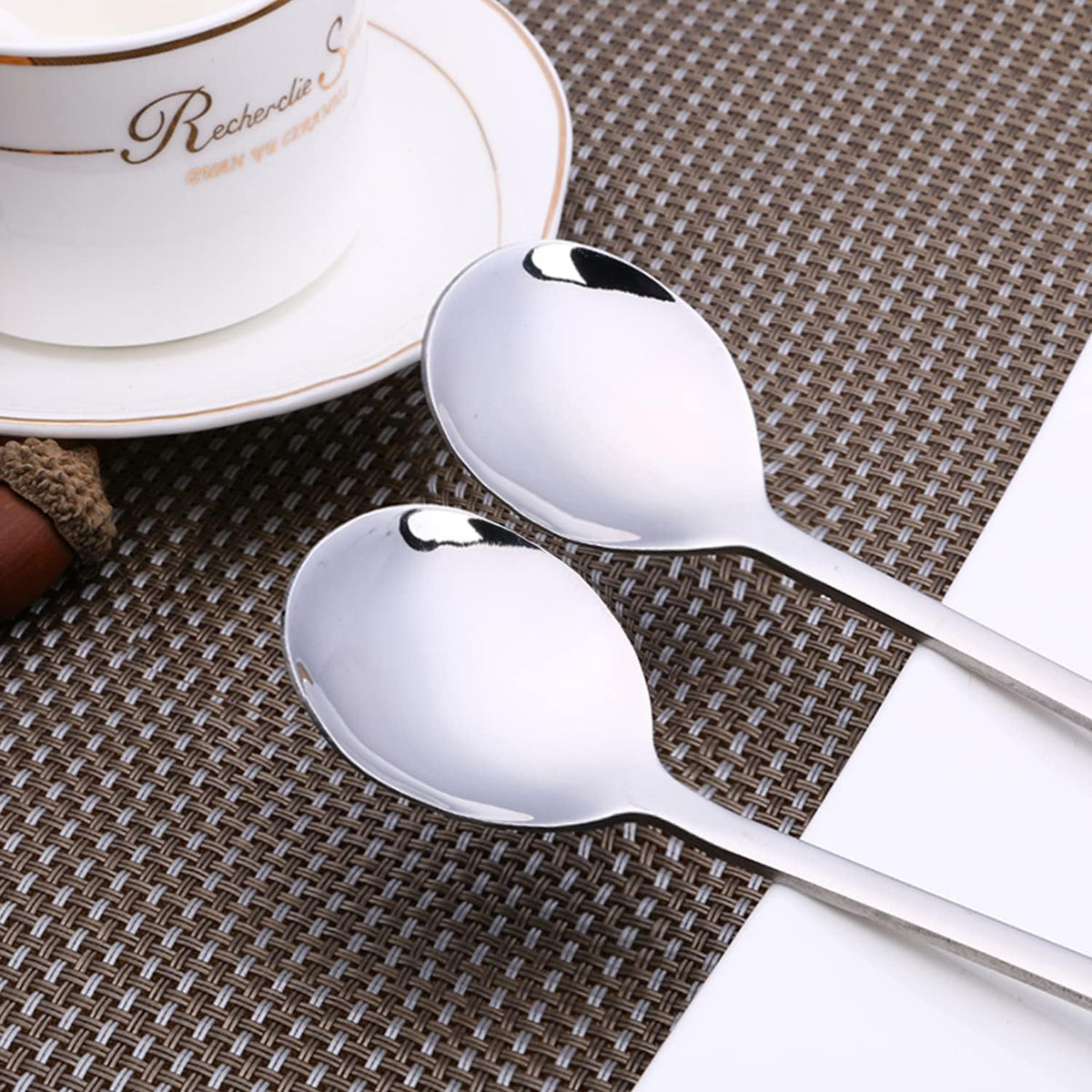 IQCWOOD Spoons, 8 Pcs Korean Spoon, 8.5 Inch Stainless Steel Soup Spoons | Korean Soup Spoons with Long Handle, Smooth Edges & Mirror Finish, Flatware Set for Everyday Home, Kitchen, or Restaurant Use