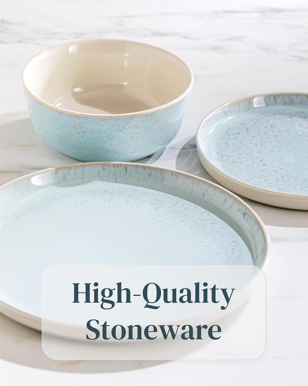 Stoneware dinner plates set 2 pcs – Light beige & blue stylish plates – Dishwasher, microwave and scratch resistant – Small salad & cake plates – Dinner service Pure Living