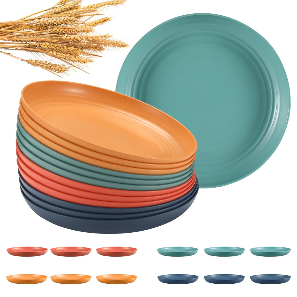 HEYCOME 12 Pcs Unbreakable Deep Dinner Plates Set, 10 inch Reusable Plastic Wheat Straw Plates, Microwave and Dishwasher Safe Plate for Kitchen, Lightweight Plate for Dessert, BPA Free, 6 Colors