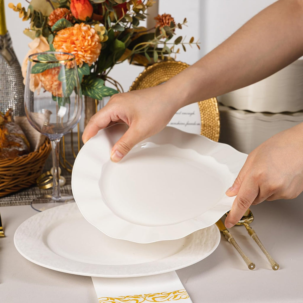 72 Pack Ivory Plastic Plates, 10" Disposable Wave Edge Dinner Plates | Elegant Heavy Duty Serving Dishes for Party, Wedding, Thanksgiving, Christmas