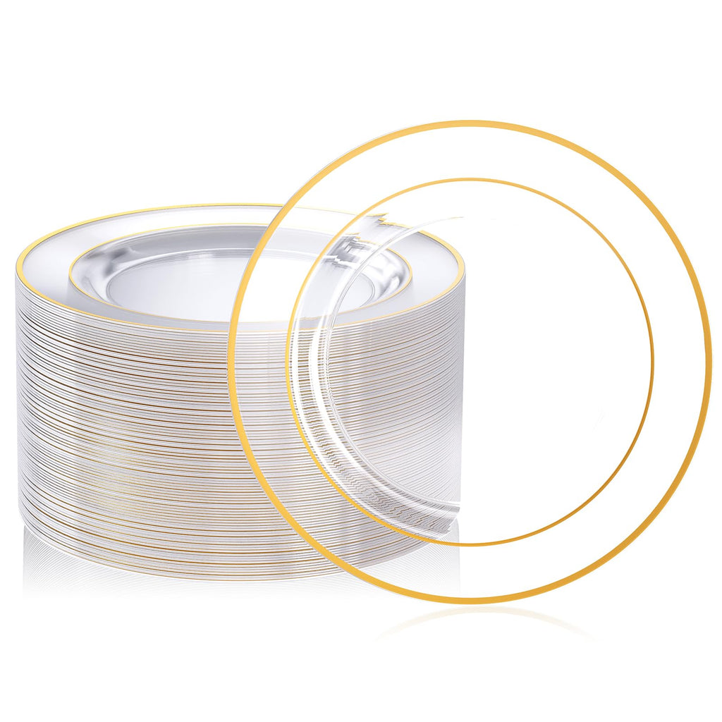 FOCUSLINE 100 Count White Plastic Plates 10 Inch, Disposable Heavy Duty Dinner Plates- Premium Hard Plastic Plates Fancy Disposable White Plates for Weddings, Parties and Events