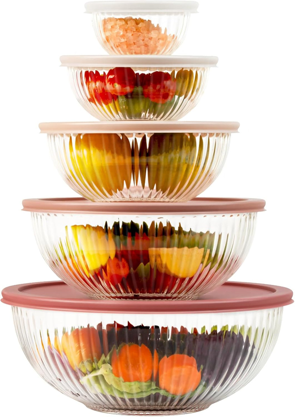 Glass Mixing Bowls with Lids Sets, 5 PCS Serving Bowls for Party or Kitchen | For Baking, Meal Prepping and Salad, Bpa Free and Dishwasher and microwave Safe Serving Bowls, 0.2/0.5/1.1/2.1/3.7Qt