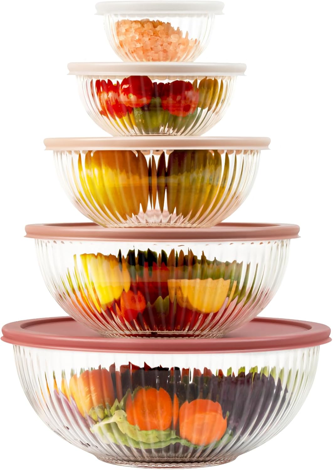 Glass Mixing Bowls with Lids Sets, 5 PCS Serving Bowls for Party or Kitchen | For Baking, Meal Prepping and Salad, Bpa Free and Dishwasher and microwave Safe Serving Bowls, 0.2/0.5/1.1/2.1/3.7Qt