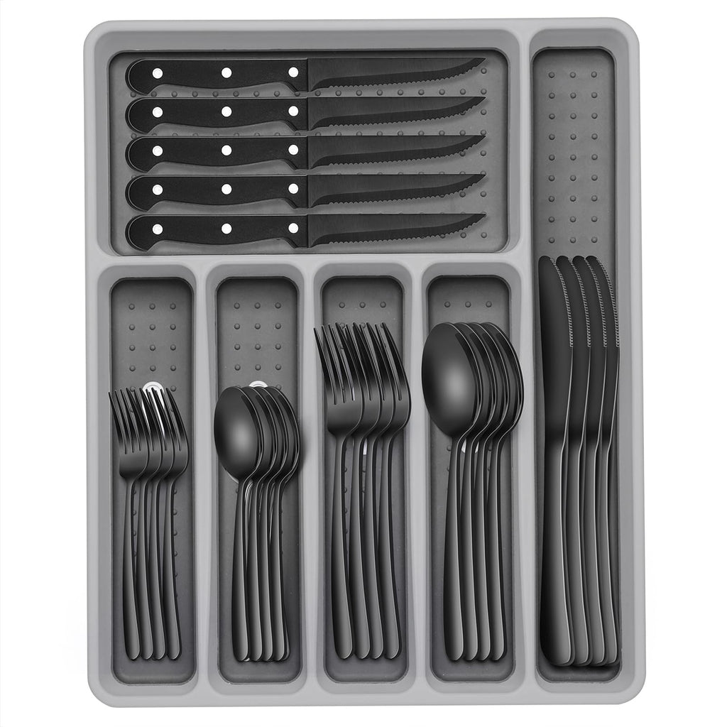 49-Piece Black Silverware Set with Organizer, Food-Grade Stainless Steel Black Flatware for 8, Cutlery Utensil Sets with Steak Knives, Rust-proof, Mirror Polished, Dishwasher Safe, Tree Pattern