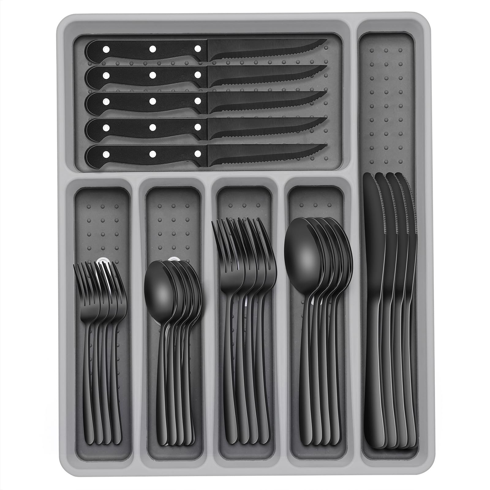 49-Piece Black Silverware Set with Organizer, Food-Grade Stainless Steel Black Flatware for 8, Cutlery Utensil Sets with Steak Knives, Rust-proof, Mirror Polished, Dishwasher Safe, Tree Pattern